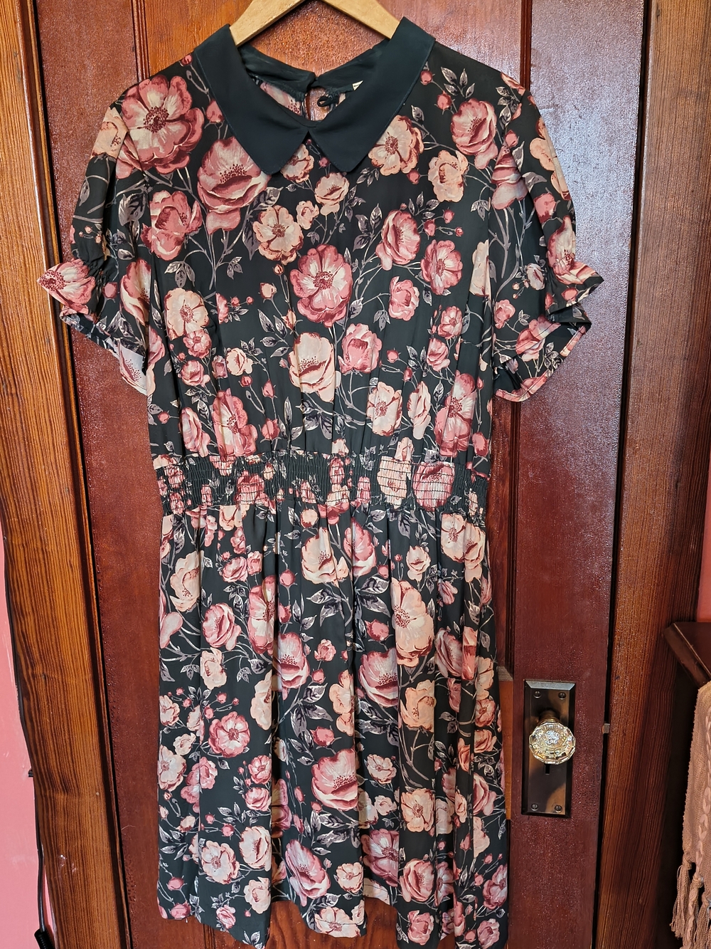Jessy B ModCloth Floral Smocked Midi Dress Peter Pan Collar Green Pink 2X